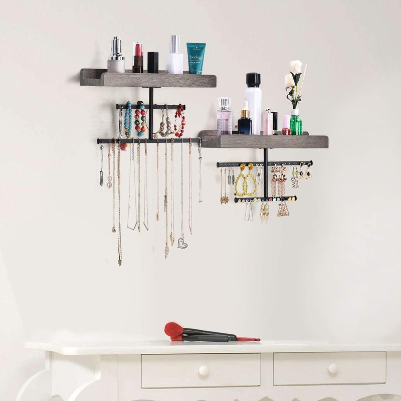 Keebofly Hanging Wall Mounted Jewelry Organizer with Rustic Wood Jewelry Holder Display for Necklaces Bracelet Earrings Ring Set of 2 Weathered Grey,[Patented] - Image 4